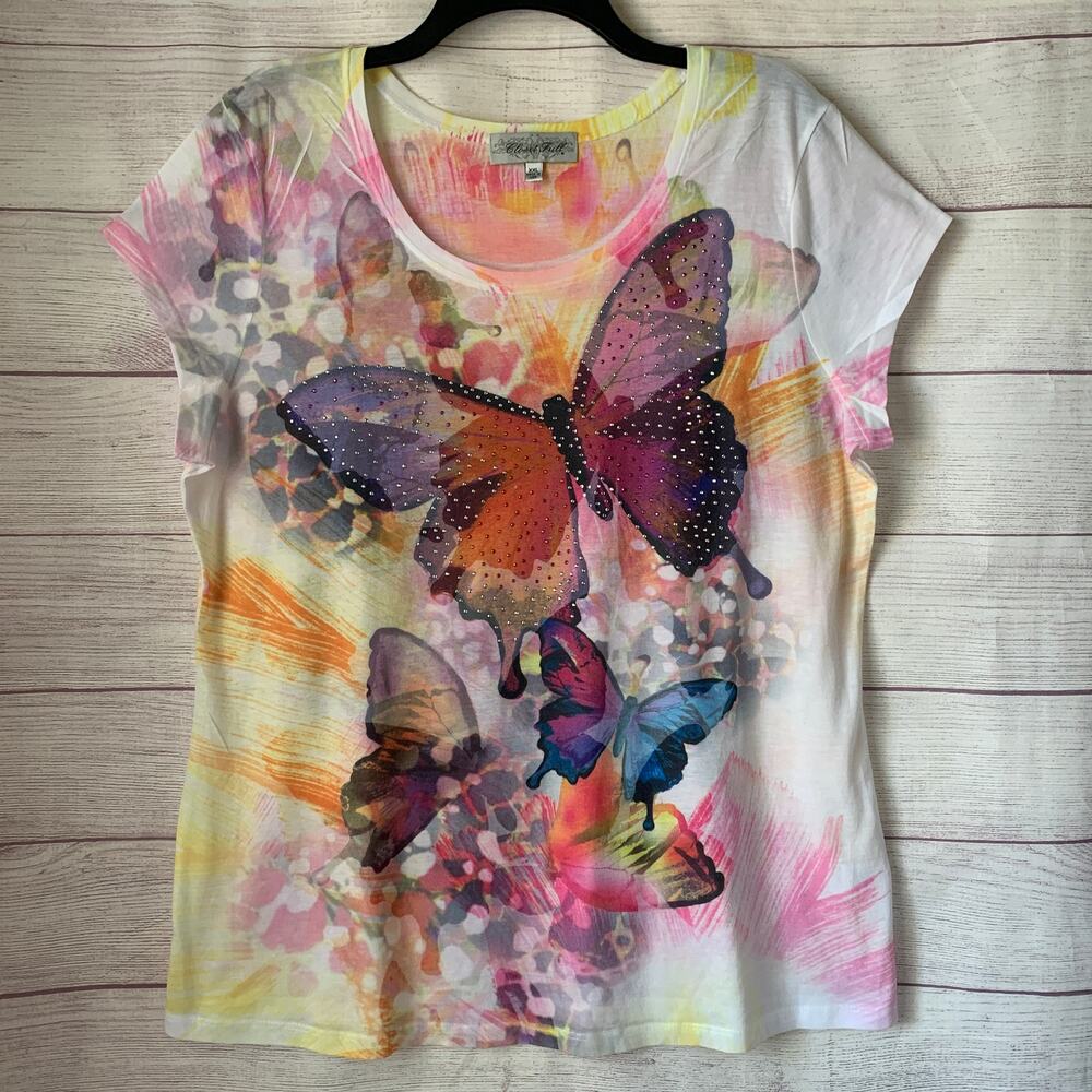 Closet Full Colorful Butterfly Graphic Shirt with Rhinestone Jewels Size XXL